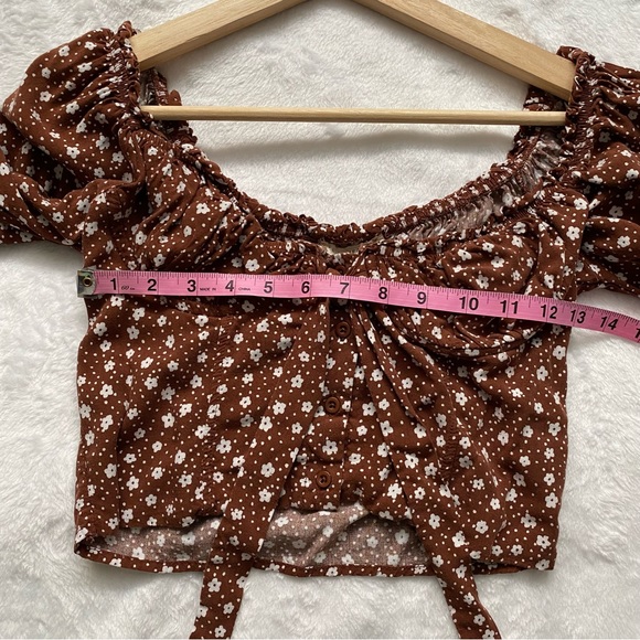 PacSun Cropped Brown Billowy Sleeve Floral Print Top - Picture 6 of 10
